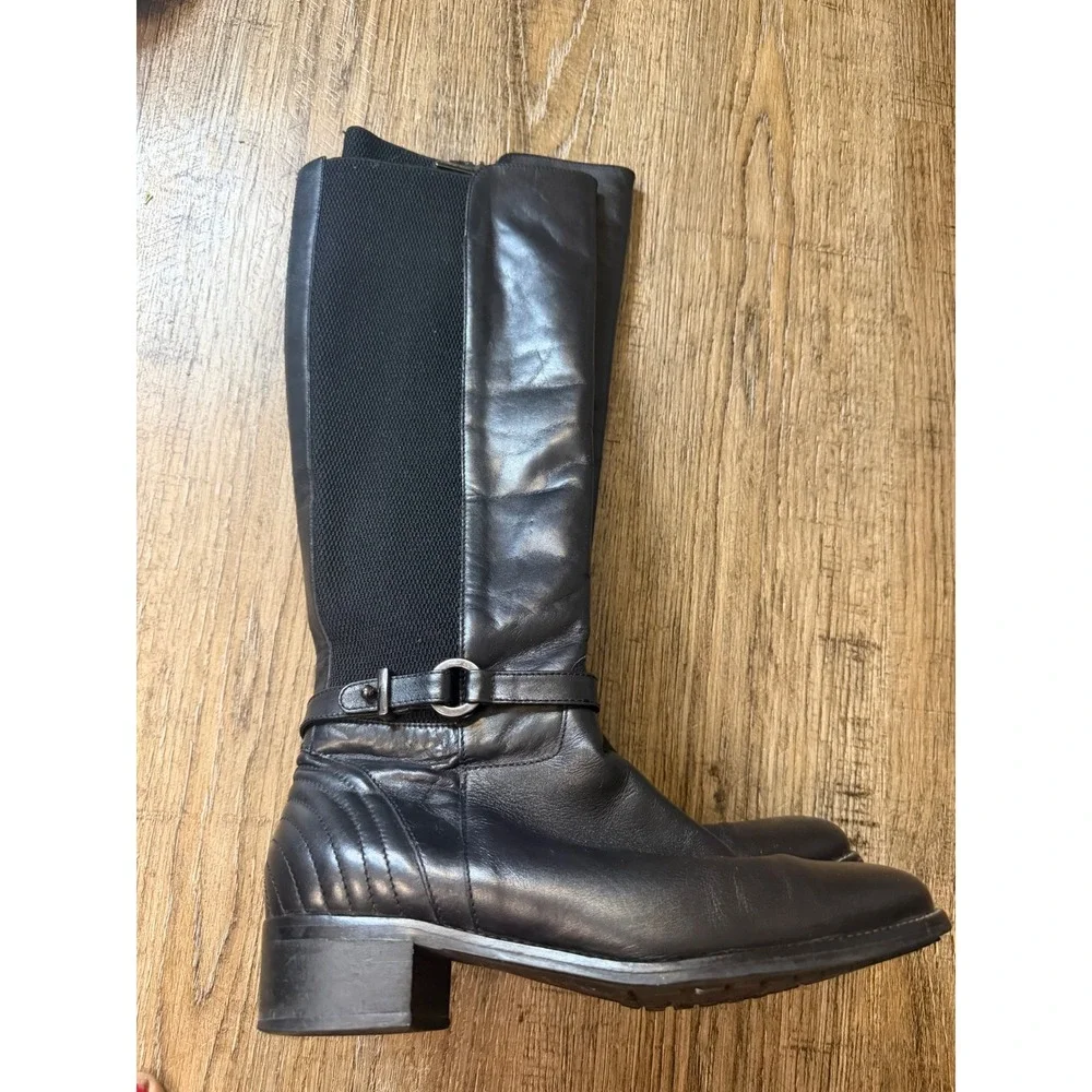 Aquatalia Black Leather Tall Weather Resistant Riding Boots Buckle Detail